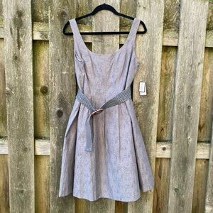 Pewter gray sleeveless full skirt dress with pockets and detachable belt